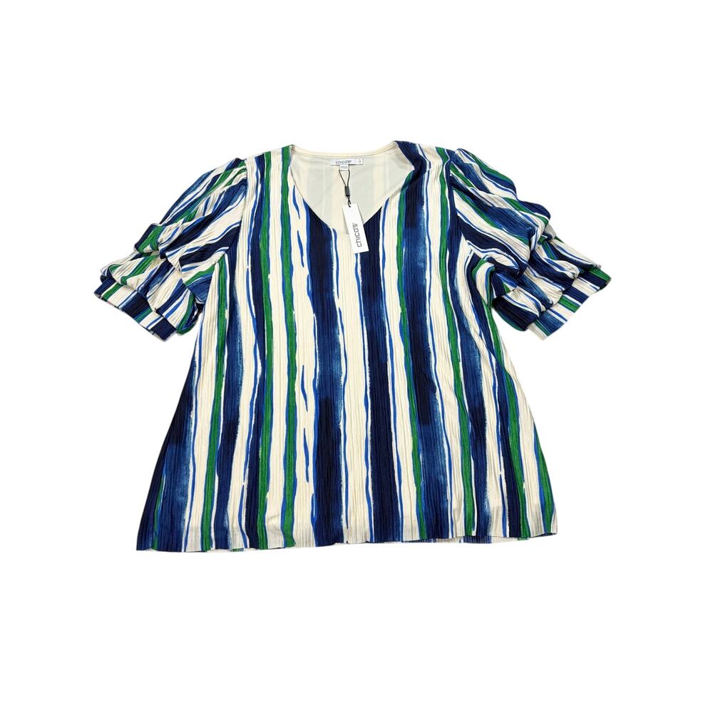 NWT Chico's cream blue green stripe blouse, tiered sleeve. Size L. office,